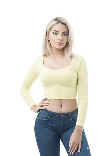 Long Sleeves Scoop Neck Crop Top Stretch Mini Shirt Dance One Size