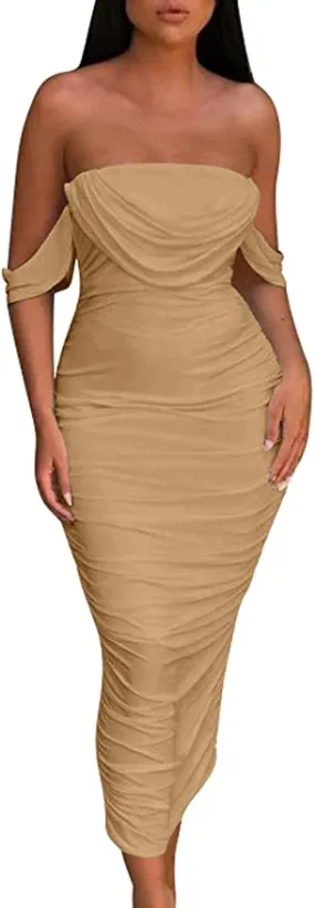 New HOCILLE Women's Sexy Ruched Bodycon Strapless Off Shoulder Midi Club Party Tube Dress in Khaki, lots of stretch, Sz L!