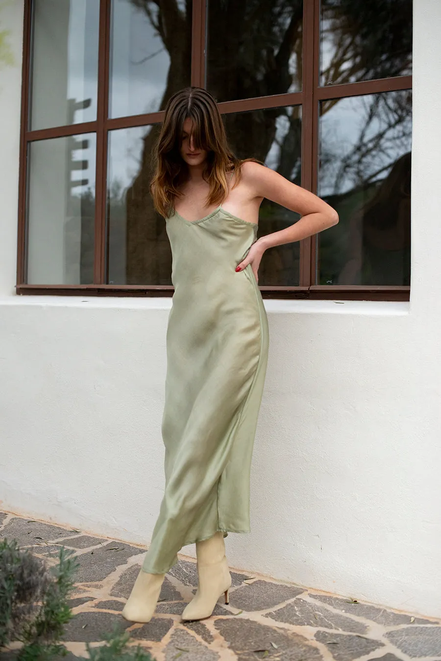 ROSE SILK SLIP DRESS AQUA