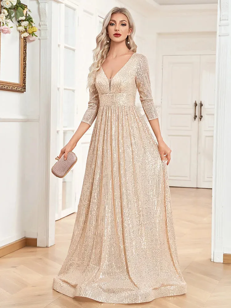 Sequined Fall V-neck High Waist Party Formal Dress