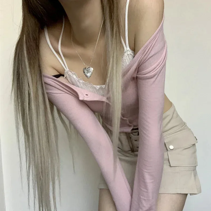 Toleet-Korean Kawaii Pink Knitwear Fairycore Grunge Y2K Cardigan T-shirt Women Long Sleeve Button Up Slim Fit Crop Top Fall Streentwear