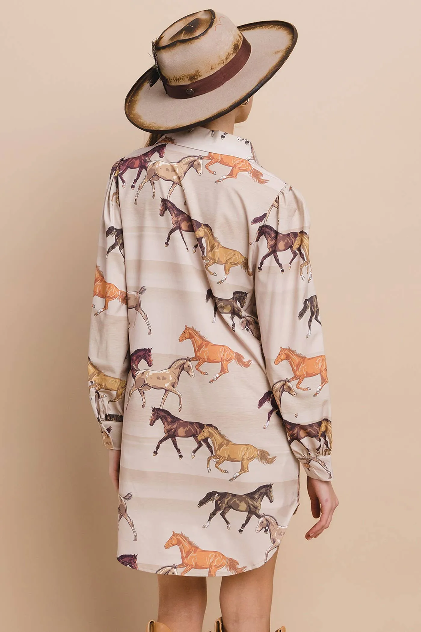 Training Horses Print Button Down Shirt Dress