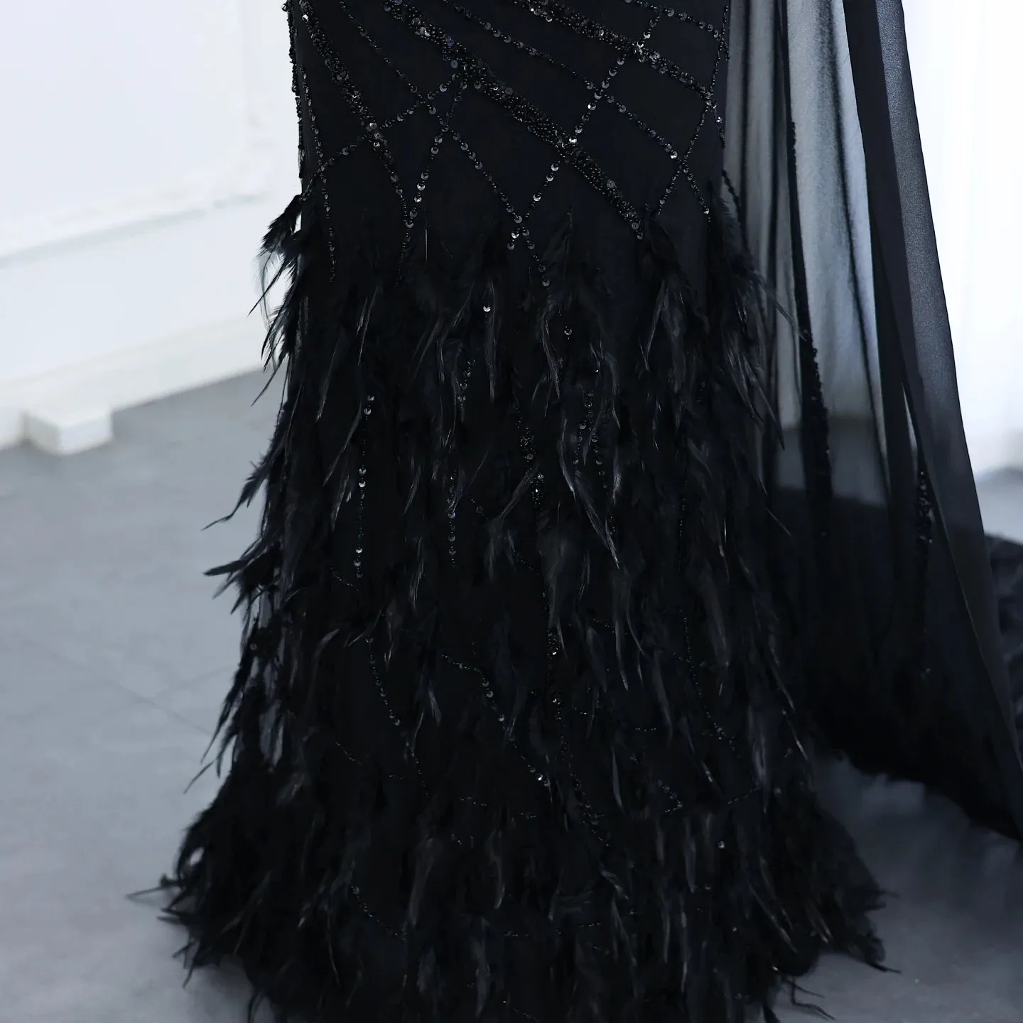 Turquoise Mermaid Evening Gown with Feather Cape