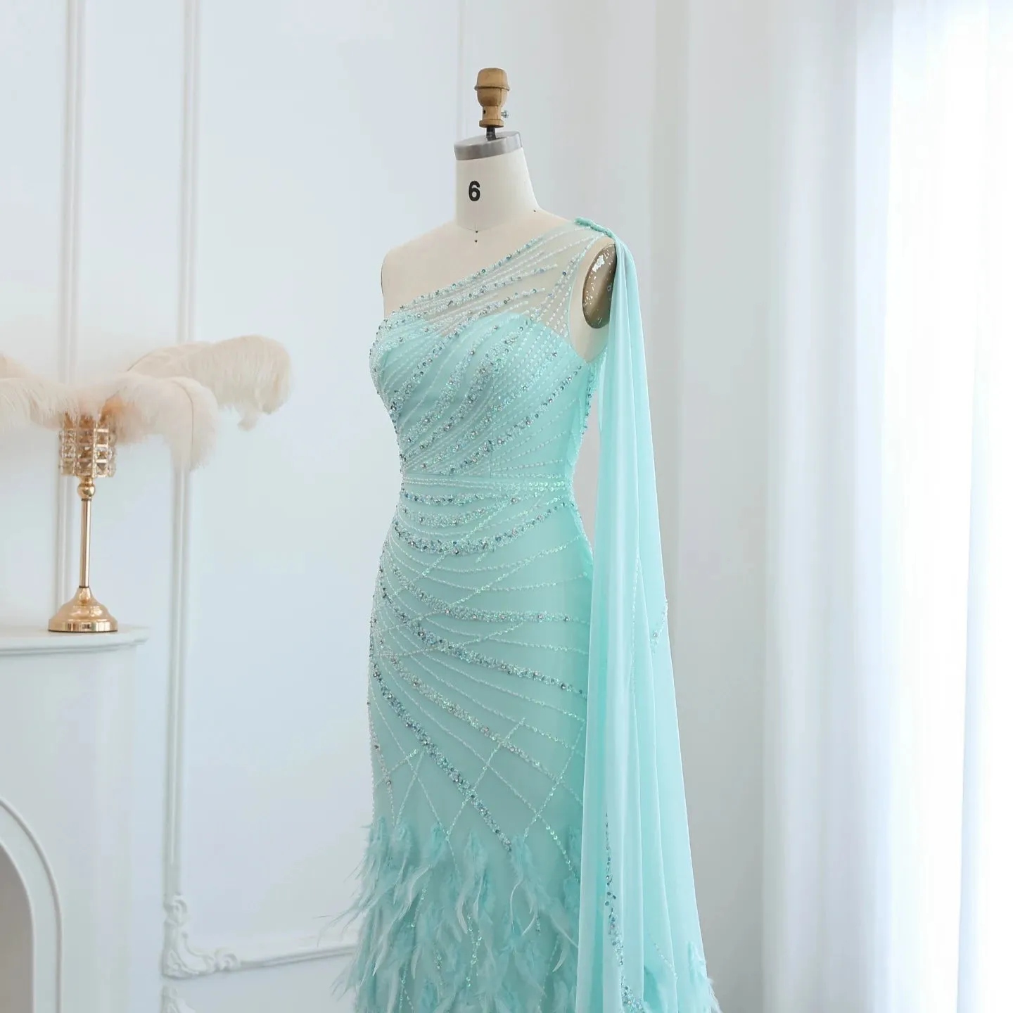 Turquoise Mermaid Evening Gown with Feather Cape