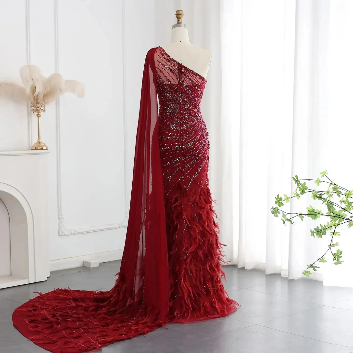 Turquoise Mermaid Evening Gown with Feather Cape