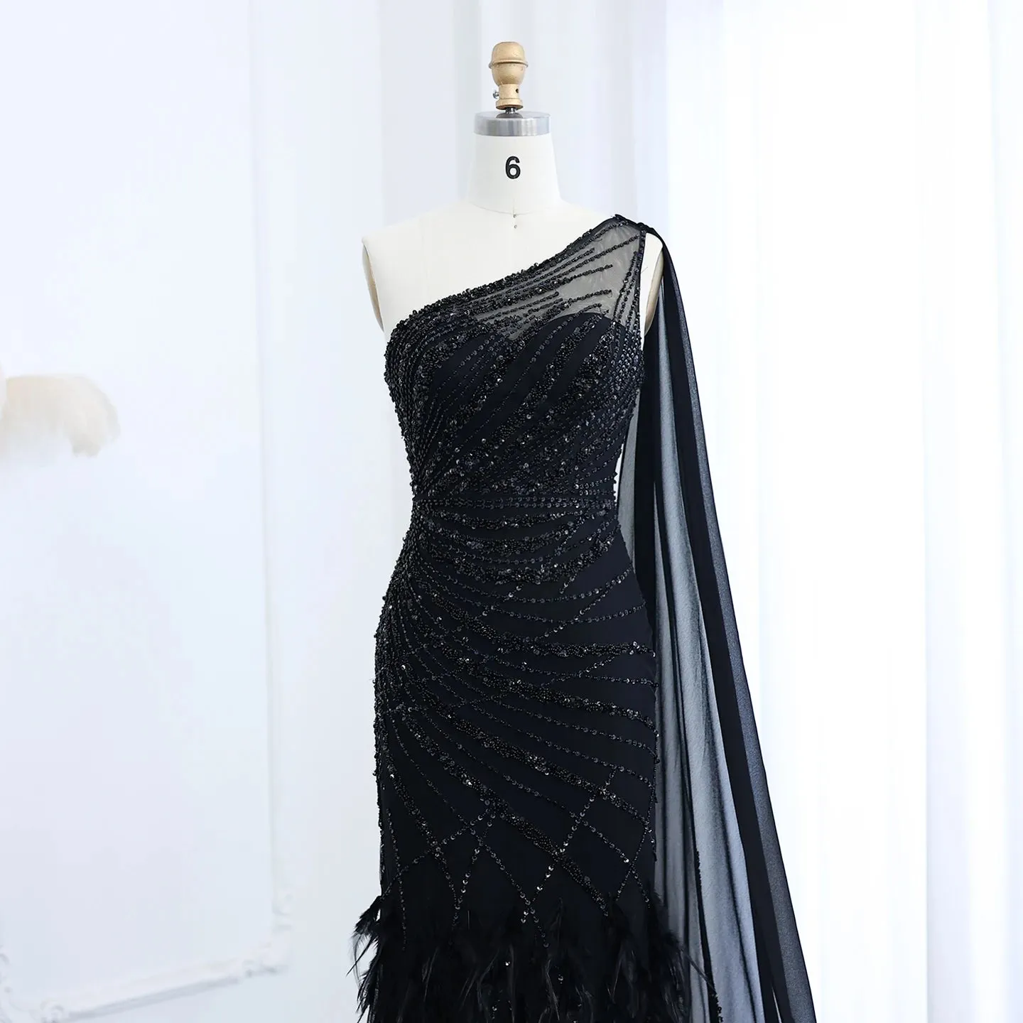 Turquoise Mermaid Evening Gown with Feather Cape