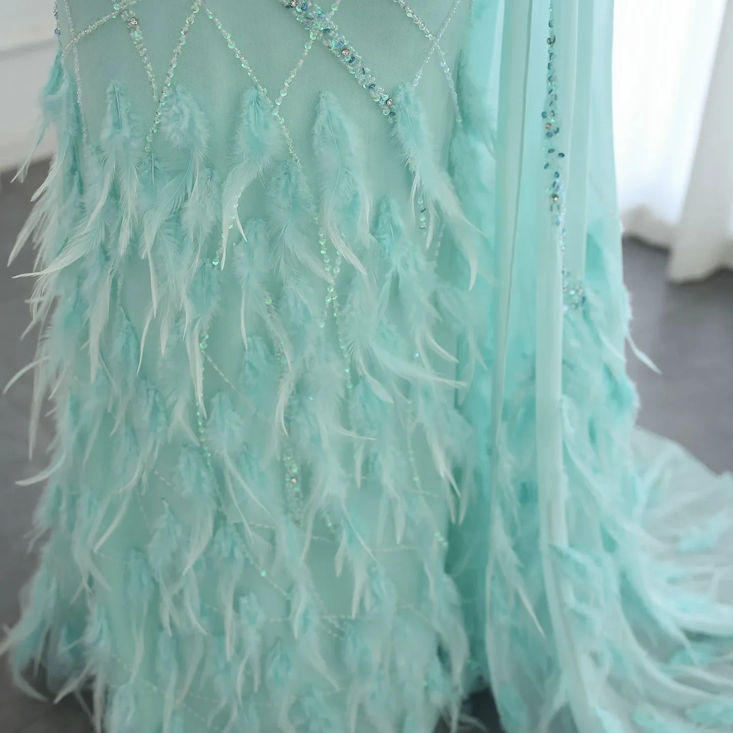 Turquoise Mermaid Evening Gown with Feather Cape