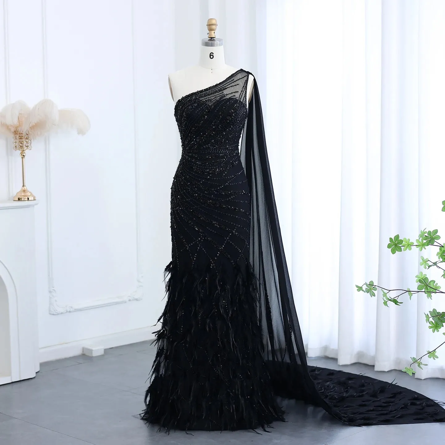 Turquoise Mermaid Evening Gown with Feather Cape