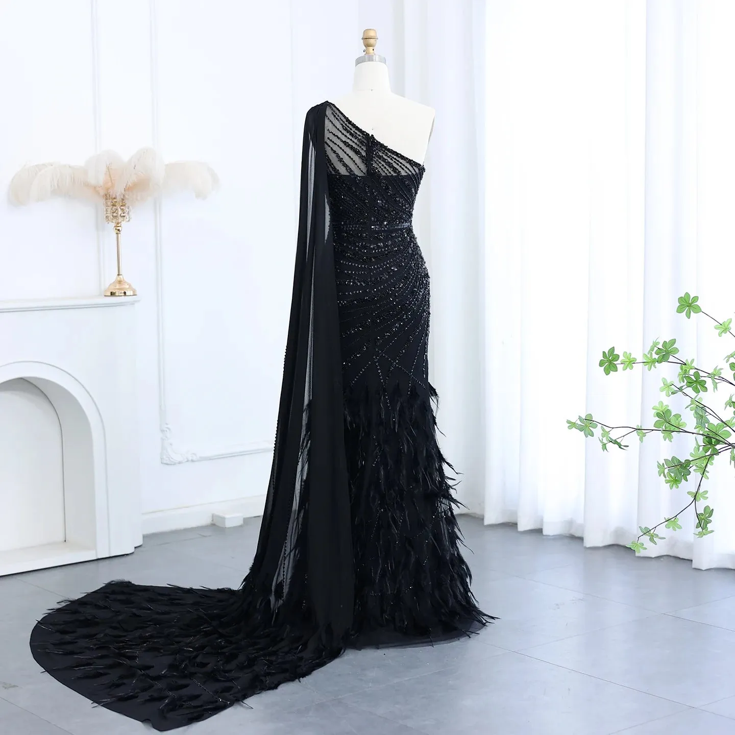 Turquoise Mermaid Evening Gown with Feather Cape