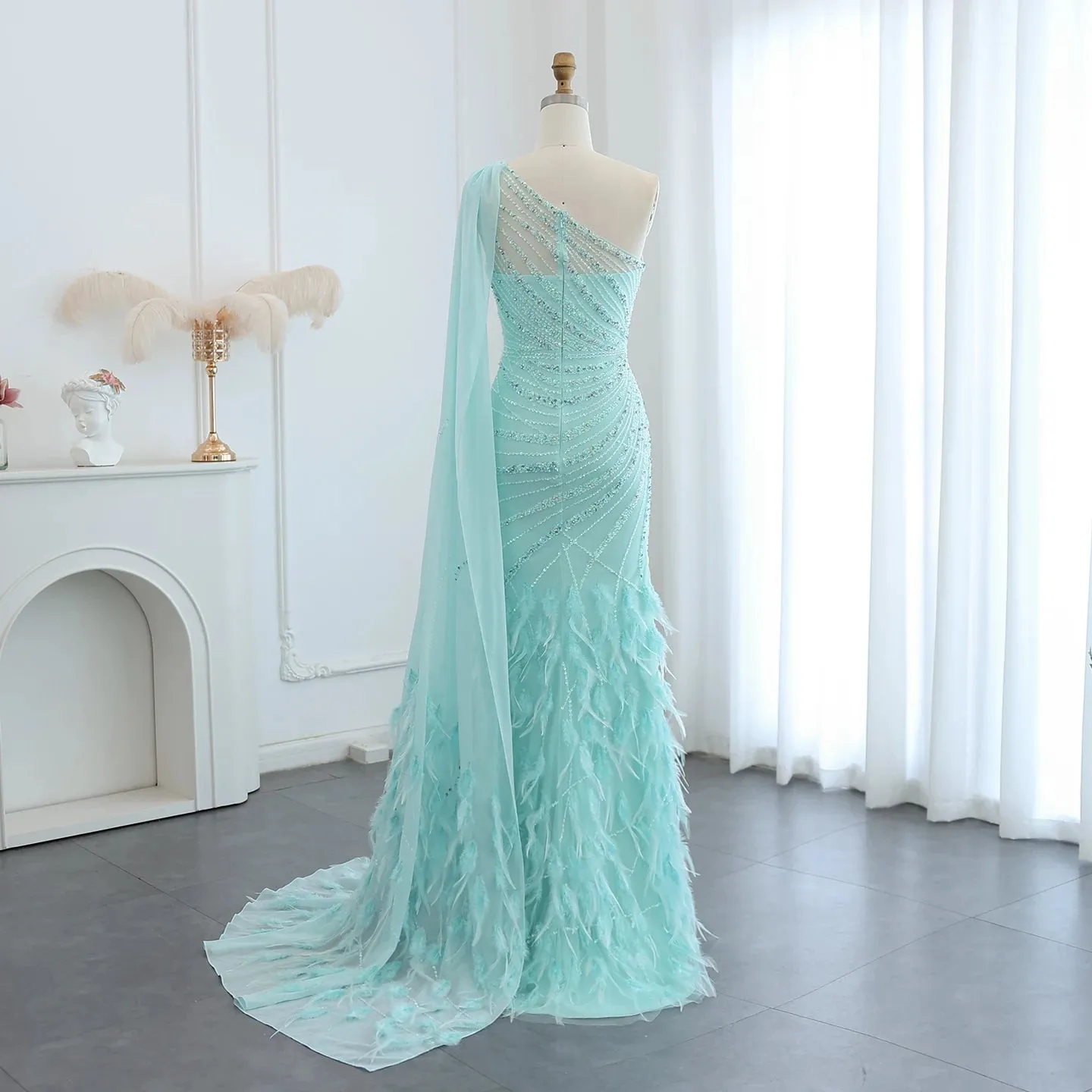 Turquoise Mermaid Evening Gown with Feather Cape