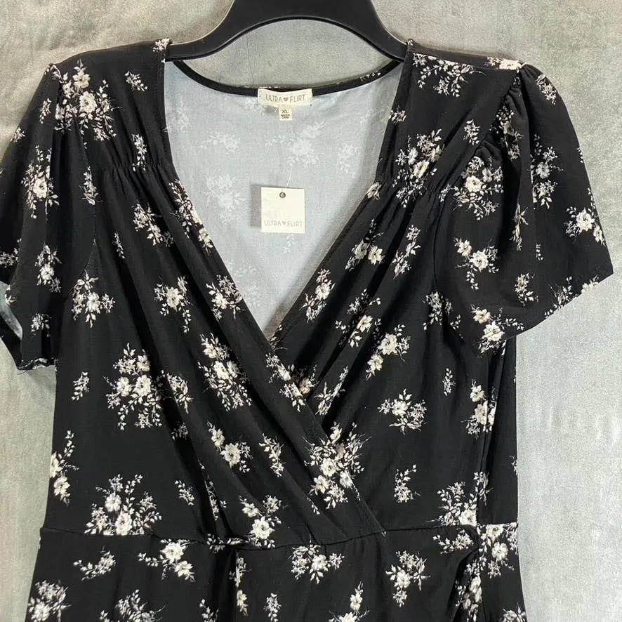 ULTRA FLIRT Juniors' Black Floral-Print V-Neck Faux-Wrap Bodycon Mini Dress SZXL