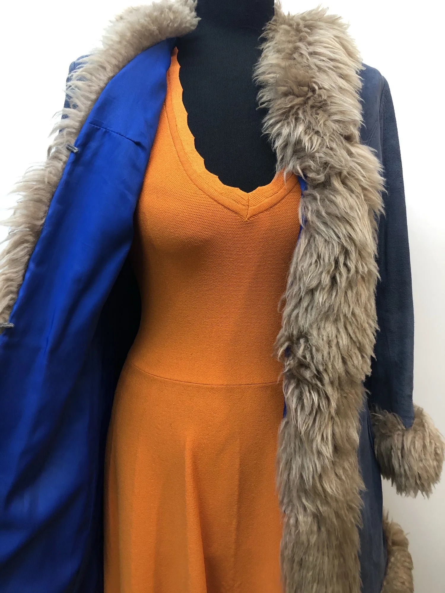 Vintage 1960s 1970s Sheepskin Coat by Skin Things in Blue - Size UK 10