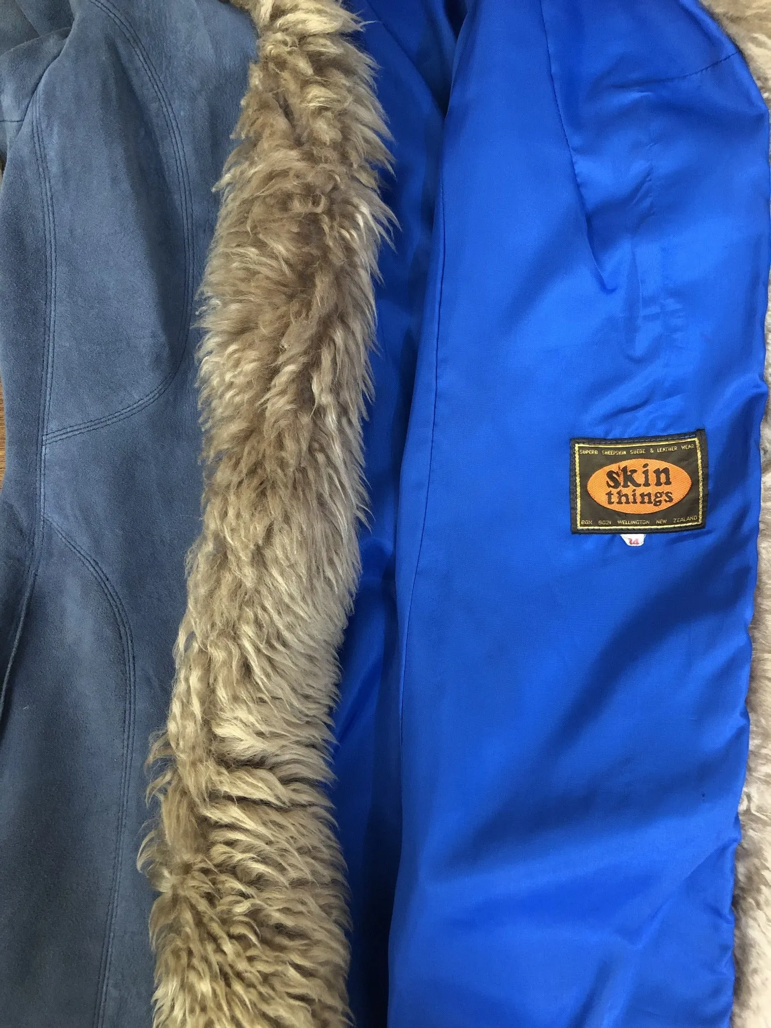 Vintage 1960s 1970s Sheepskin Coat by Skin Things in Blue - Size UK 10