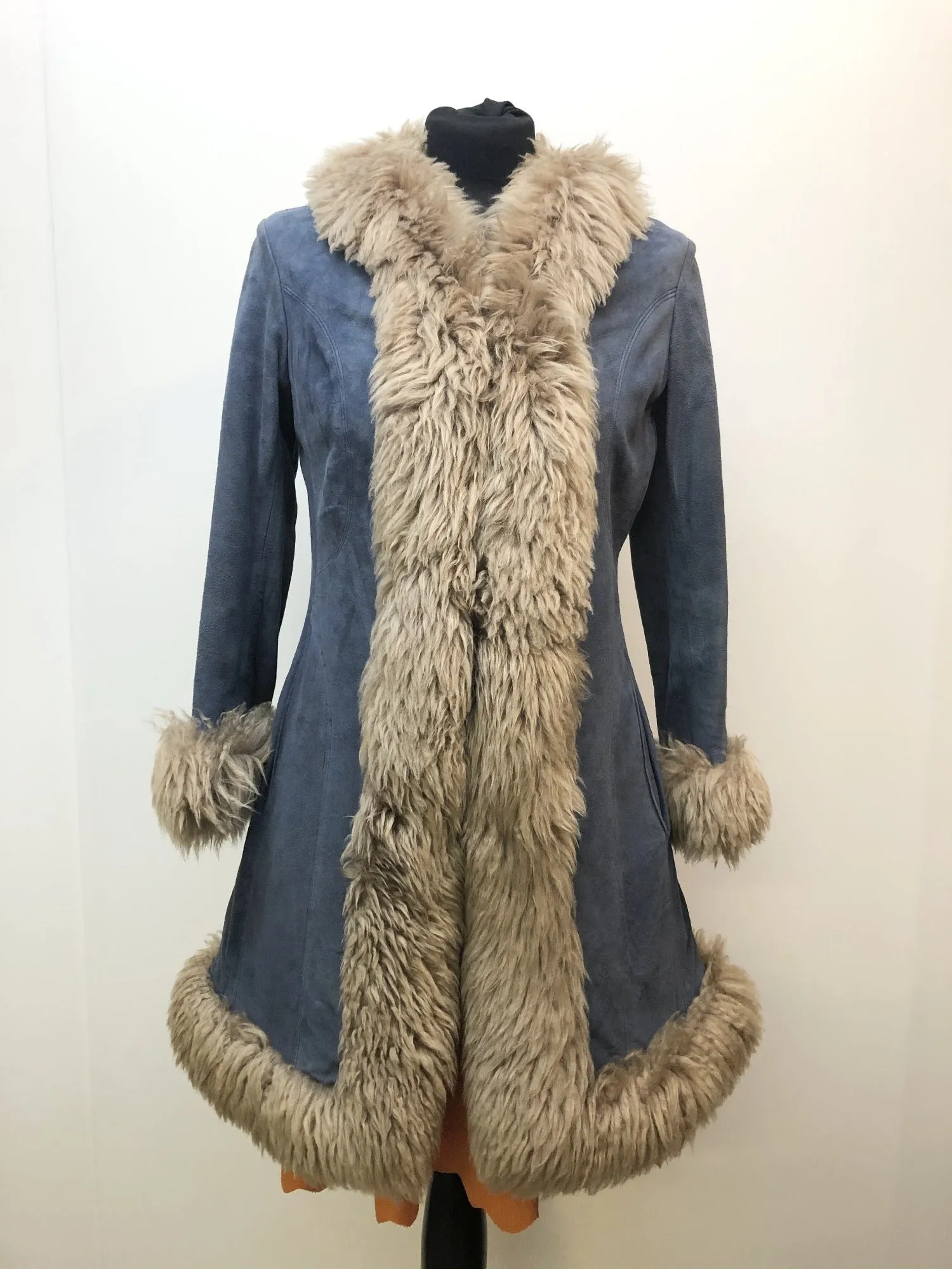 Vintage 1960s 1970s Sheepskin Coat by Skin Things in Blue - Size UK 10