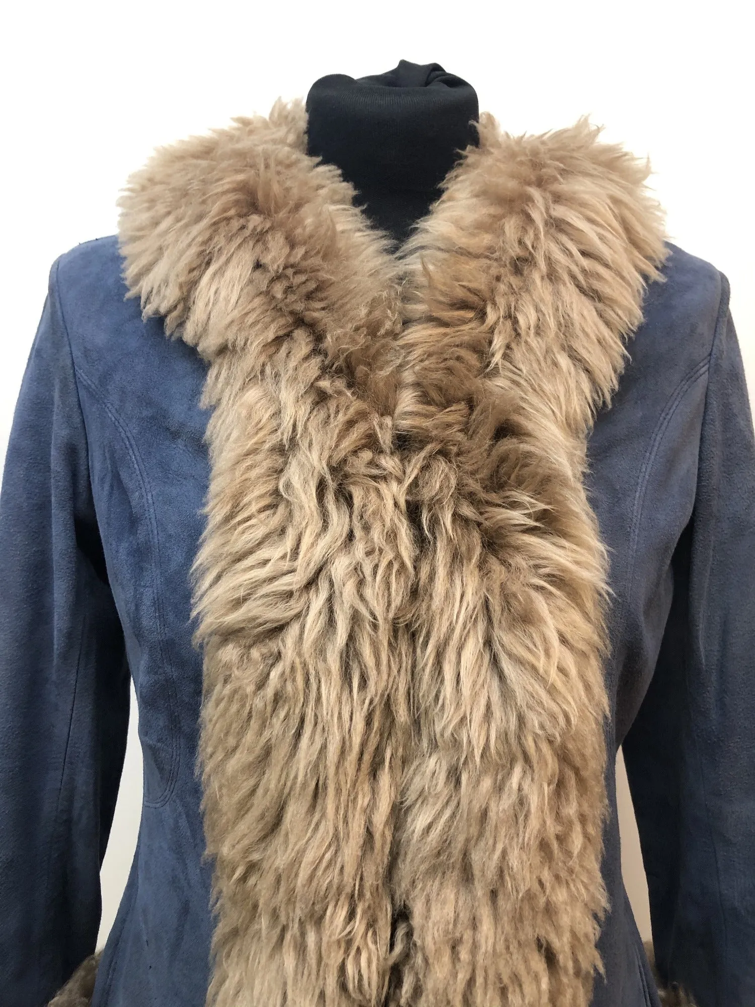 Vintage 1960s 1970s Sheepskin Coat by Skin Things in Blue - Size UK 10