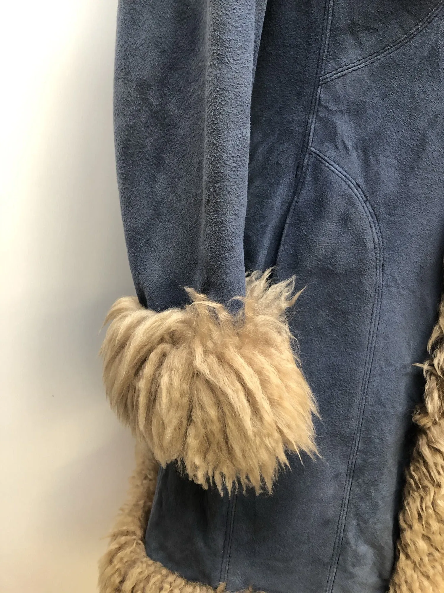 Vintage 1960s 1970s Sheepskin Coat by Skin Things in Blue - Size UK 10