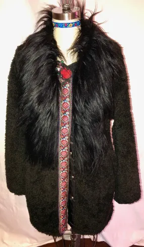 Warm Black Unlined Fake Fur Coat