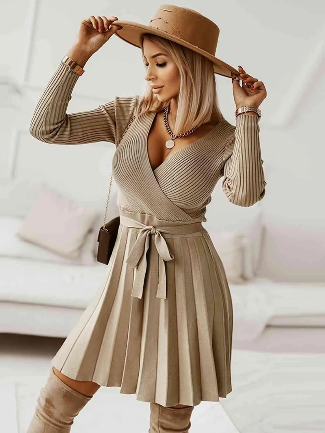 Warm In Style Tie Front Pleated Sweater Dress