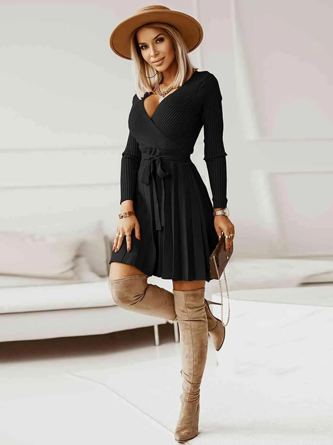Warm In Style Tie Front Pleated Sweater Dress