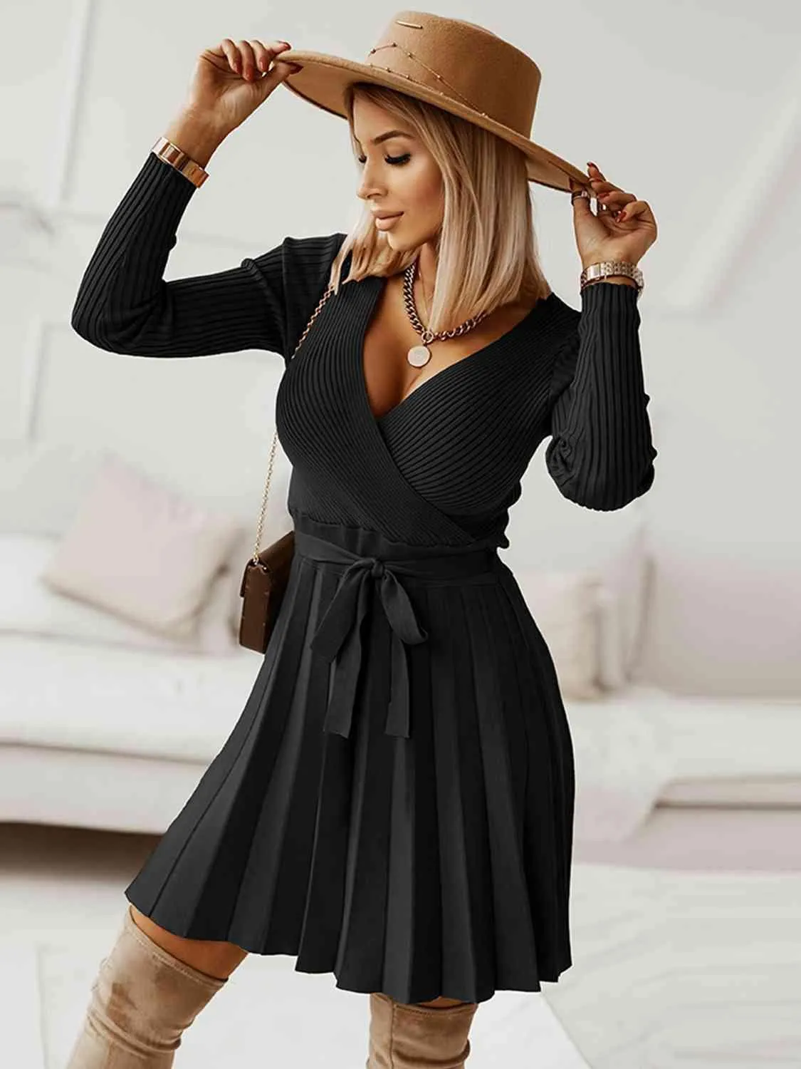 Warm In Style Tie Front Pleated Sweater Dress