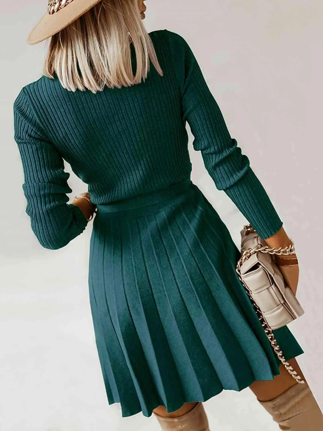 Warm In Style Tie Front Pleated Sweater Dress