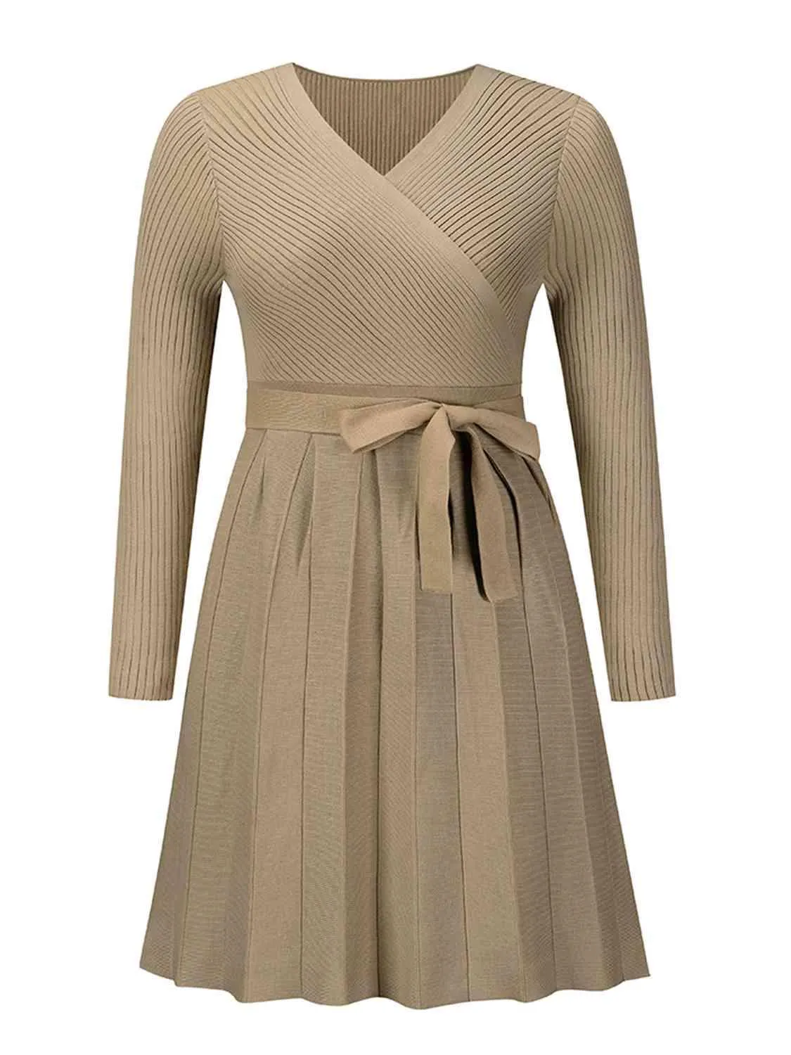 Warm In Style Tie Front Pleated Sweater Dress