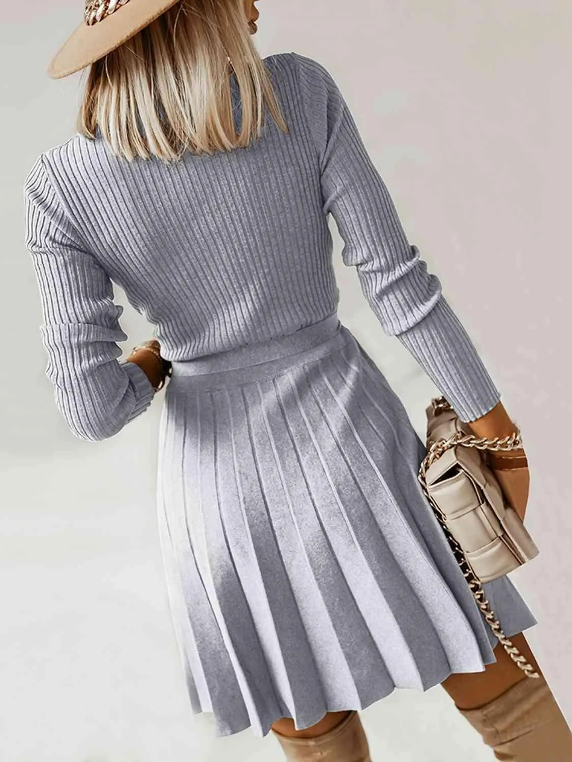 Warm In Style Tie Front Pleated Sweater Dress