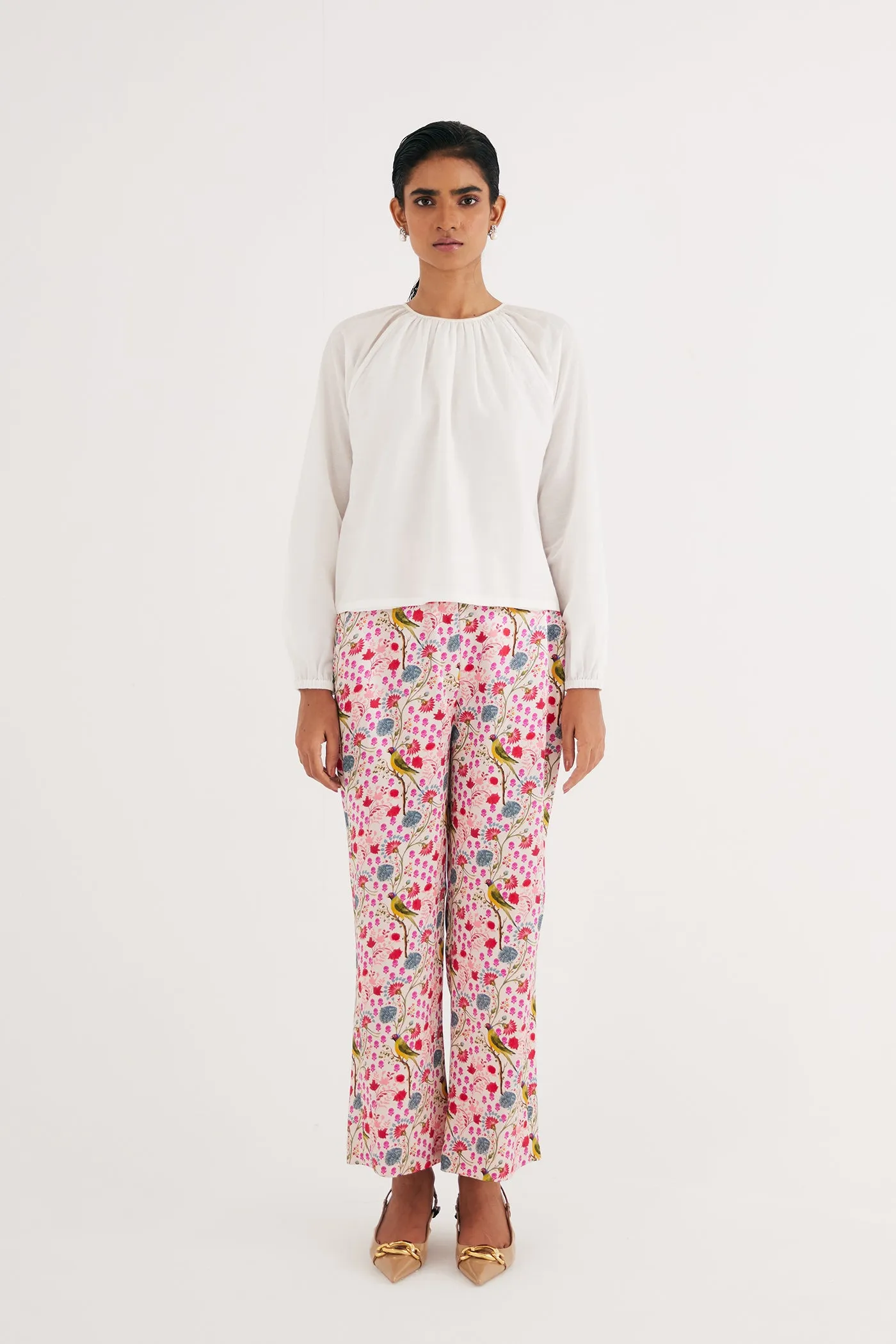 White Cotton Silk Gathered Top