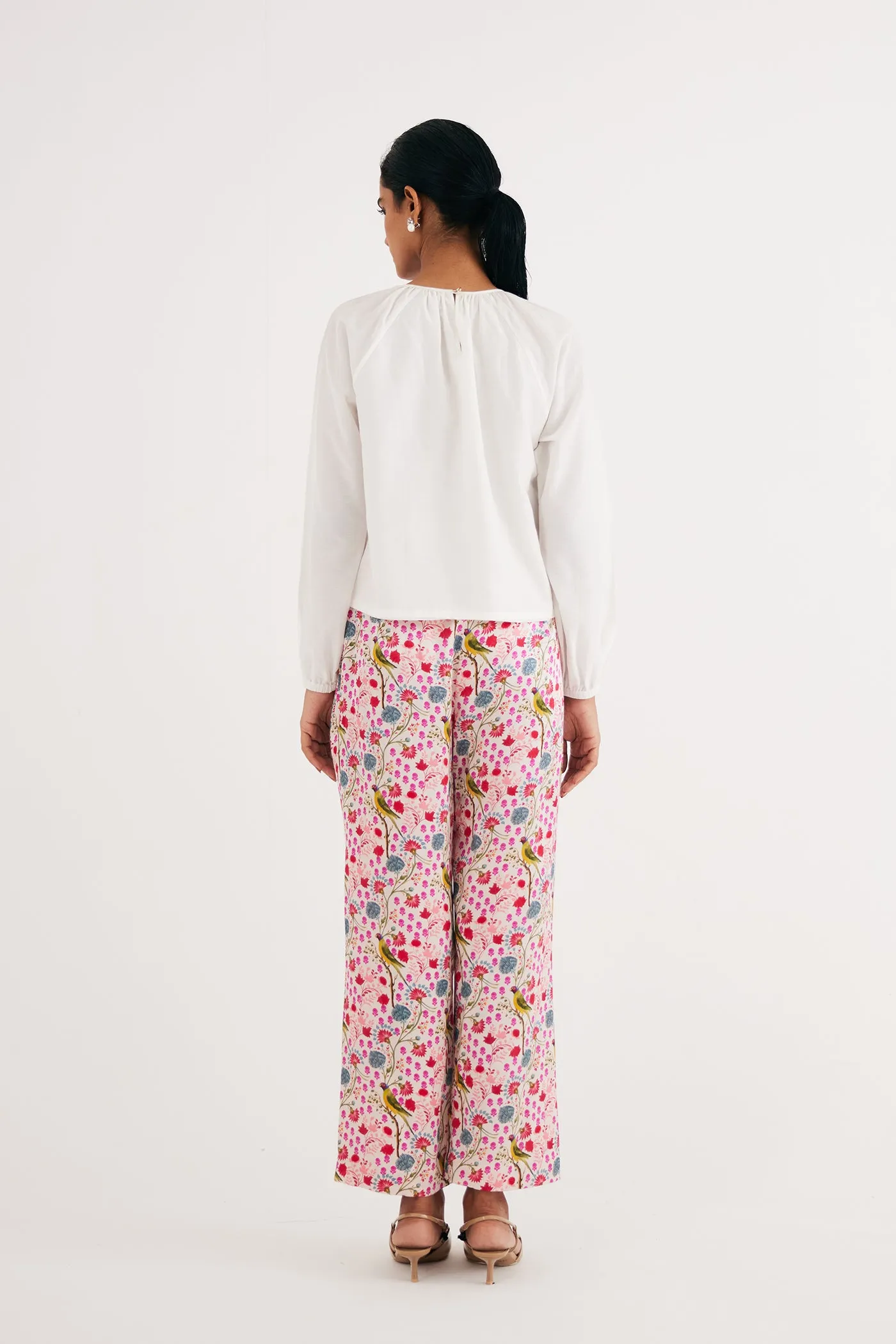 White Cotton Silk Gathered Top