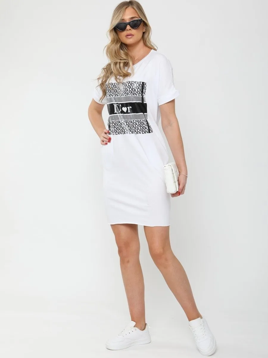 White D'or Graphic Print T-Shirt Dress