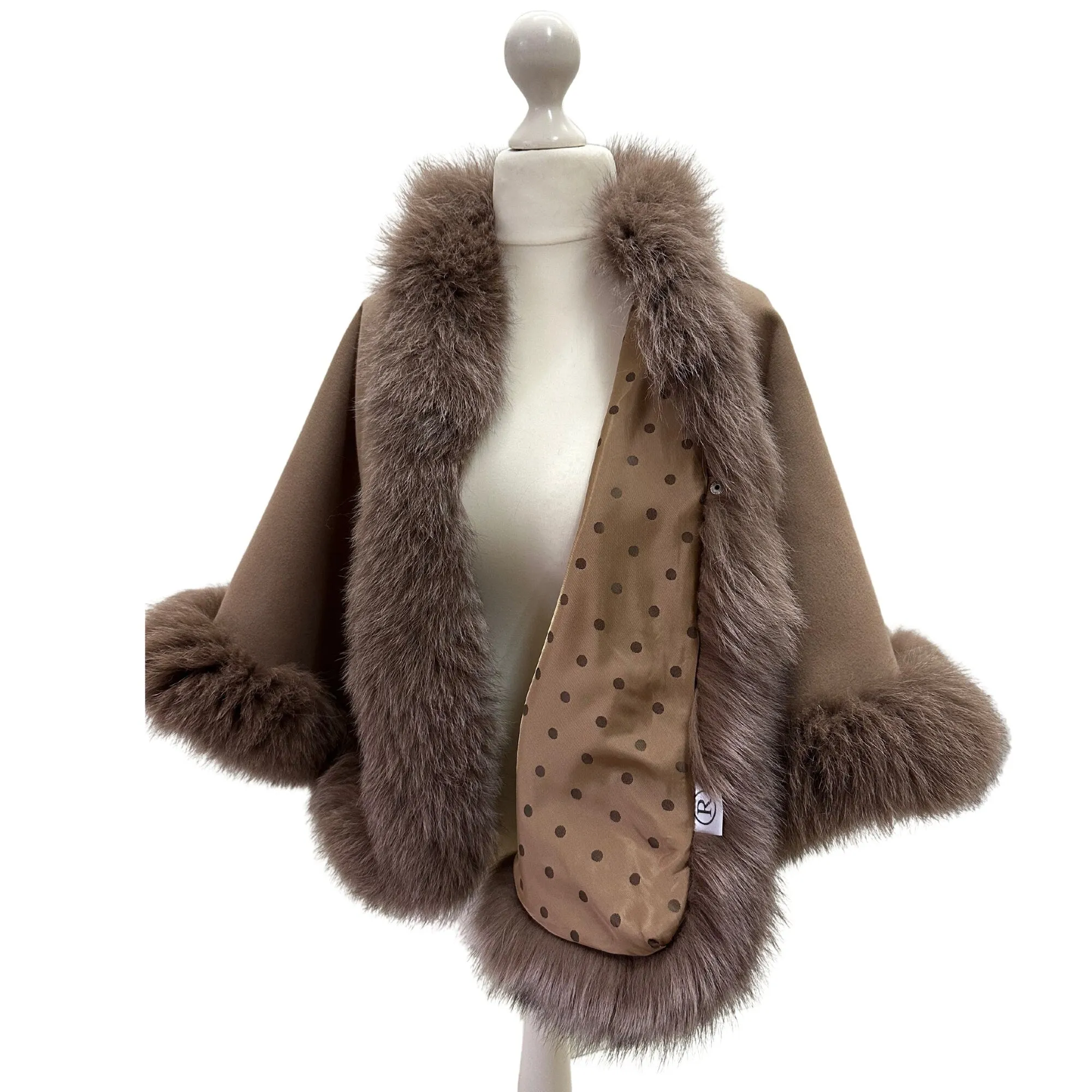 Women Camel Cape short Cashmere and trim arctic fox fur
