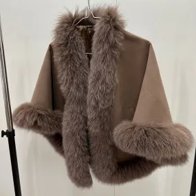 Women Camel Cape short Cashmere and trim arctic fox fur
