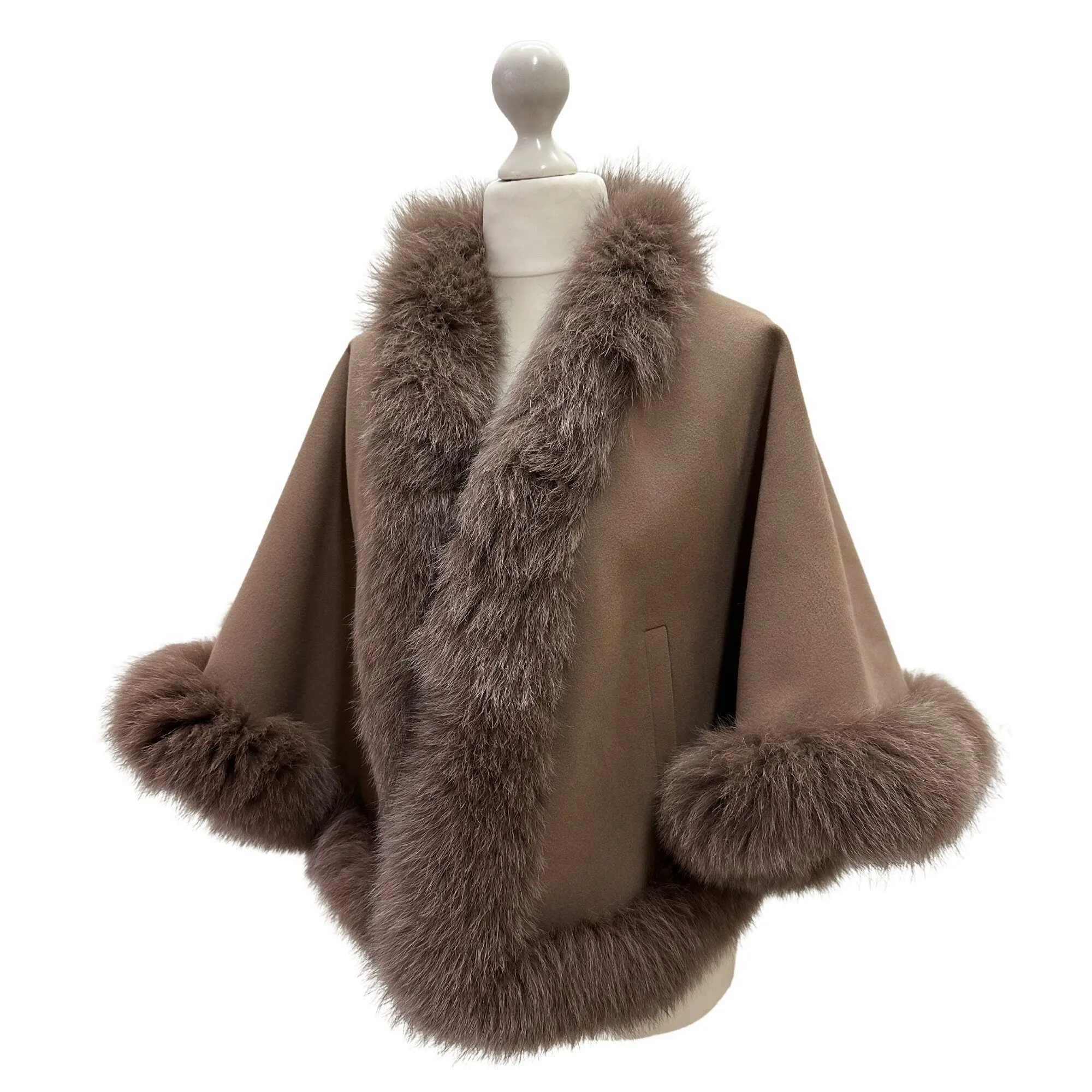 Women Camel Cape short Cashmere and trim arctic fox fur