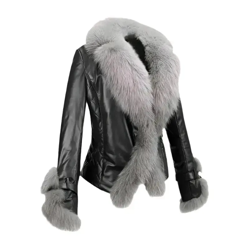 Women's Leather Jacket with Fur Trim – Stylish & Cozy